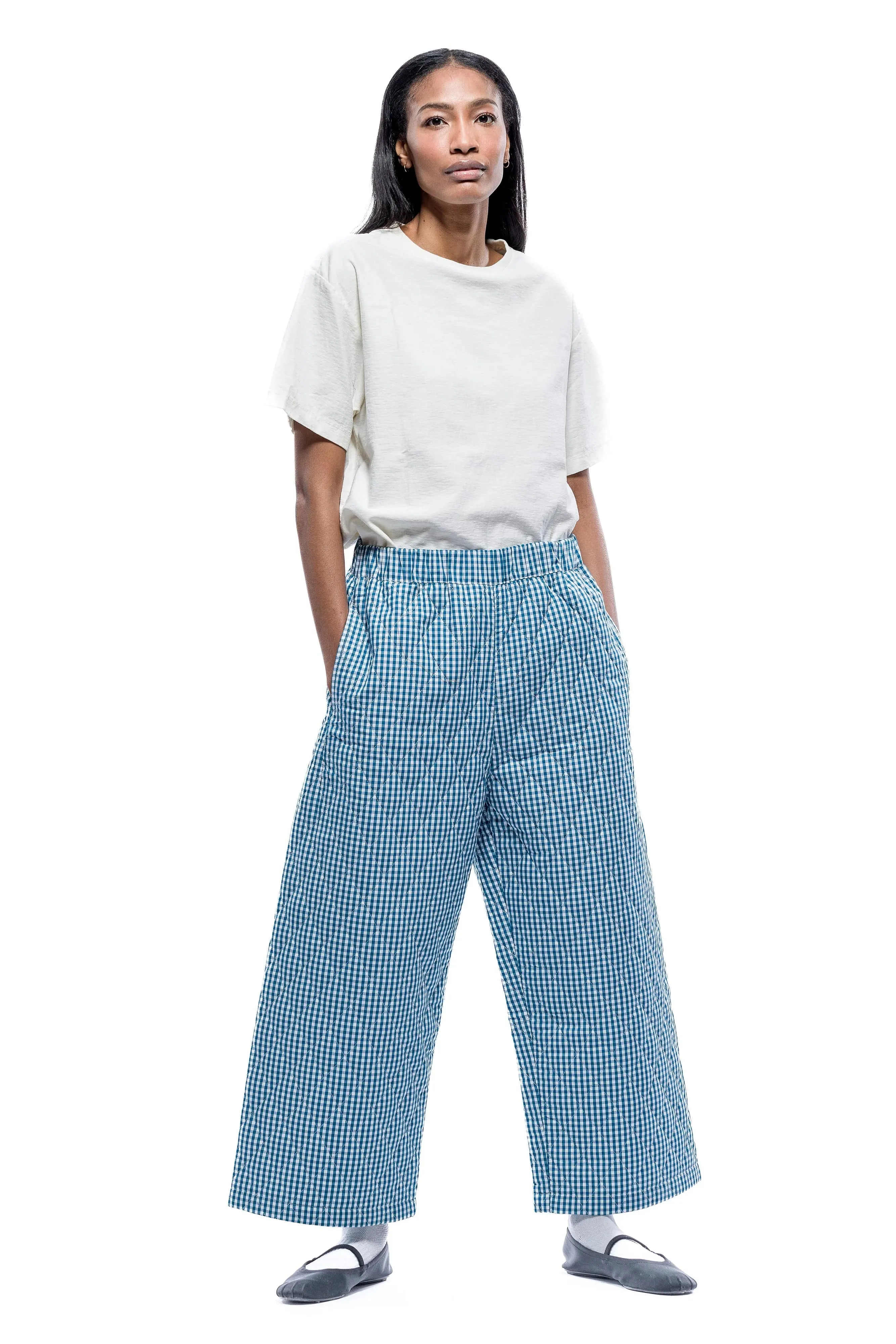 Aretha Quilted Pants - Teal/White