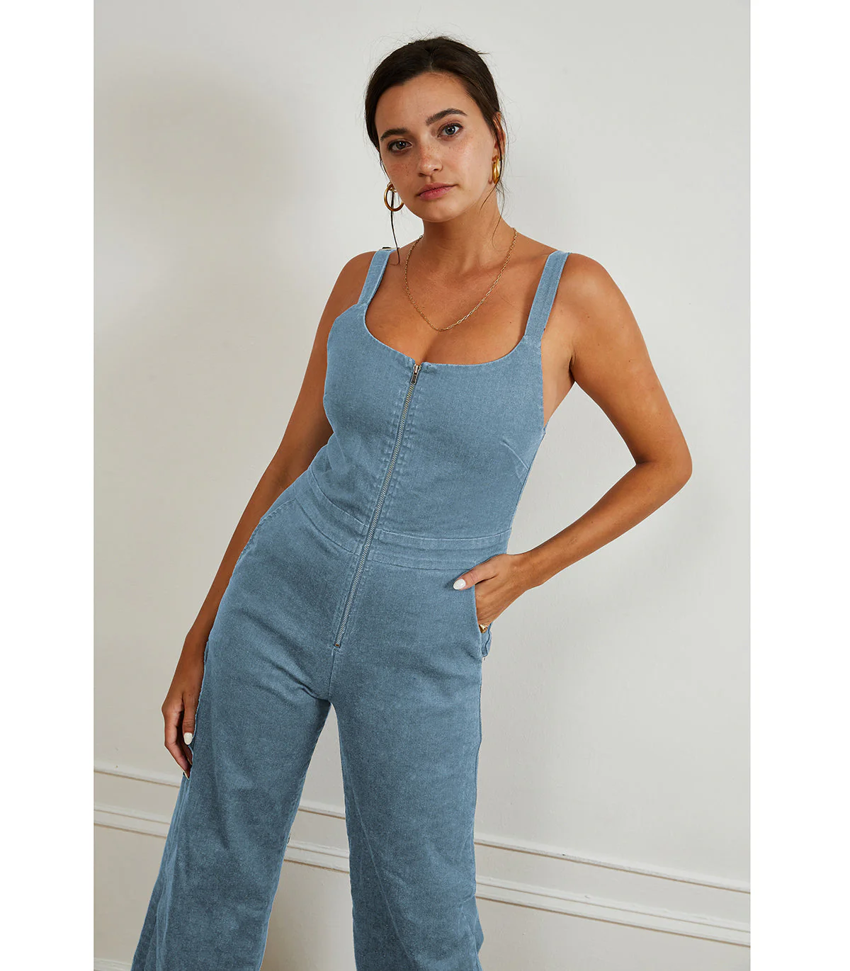 Billy Zip Front Wide Leg Jumpsuit - Light Indigo - Image 3