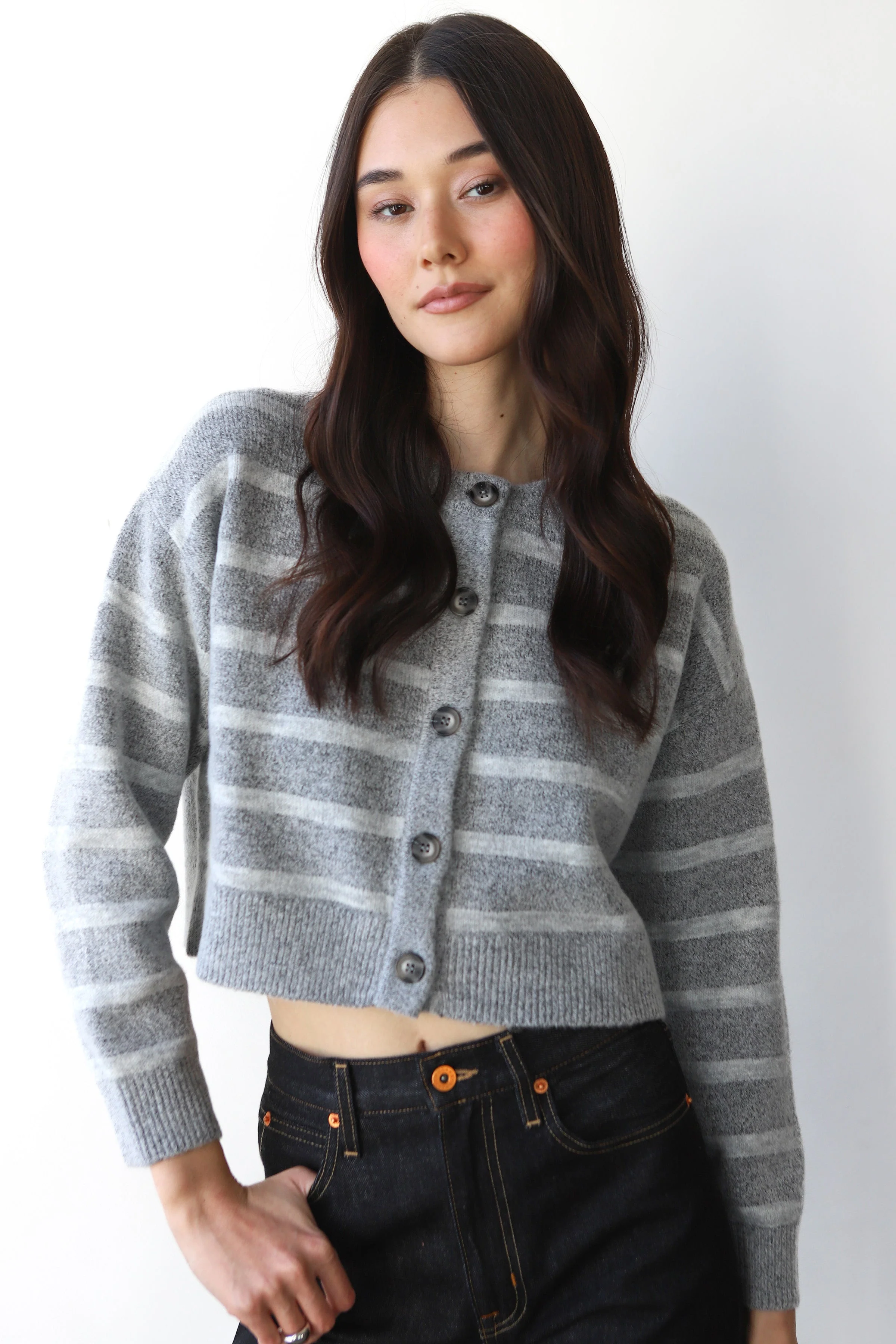 Fiona Cardigan - Heather Grey Stripe - Image 3