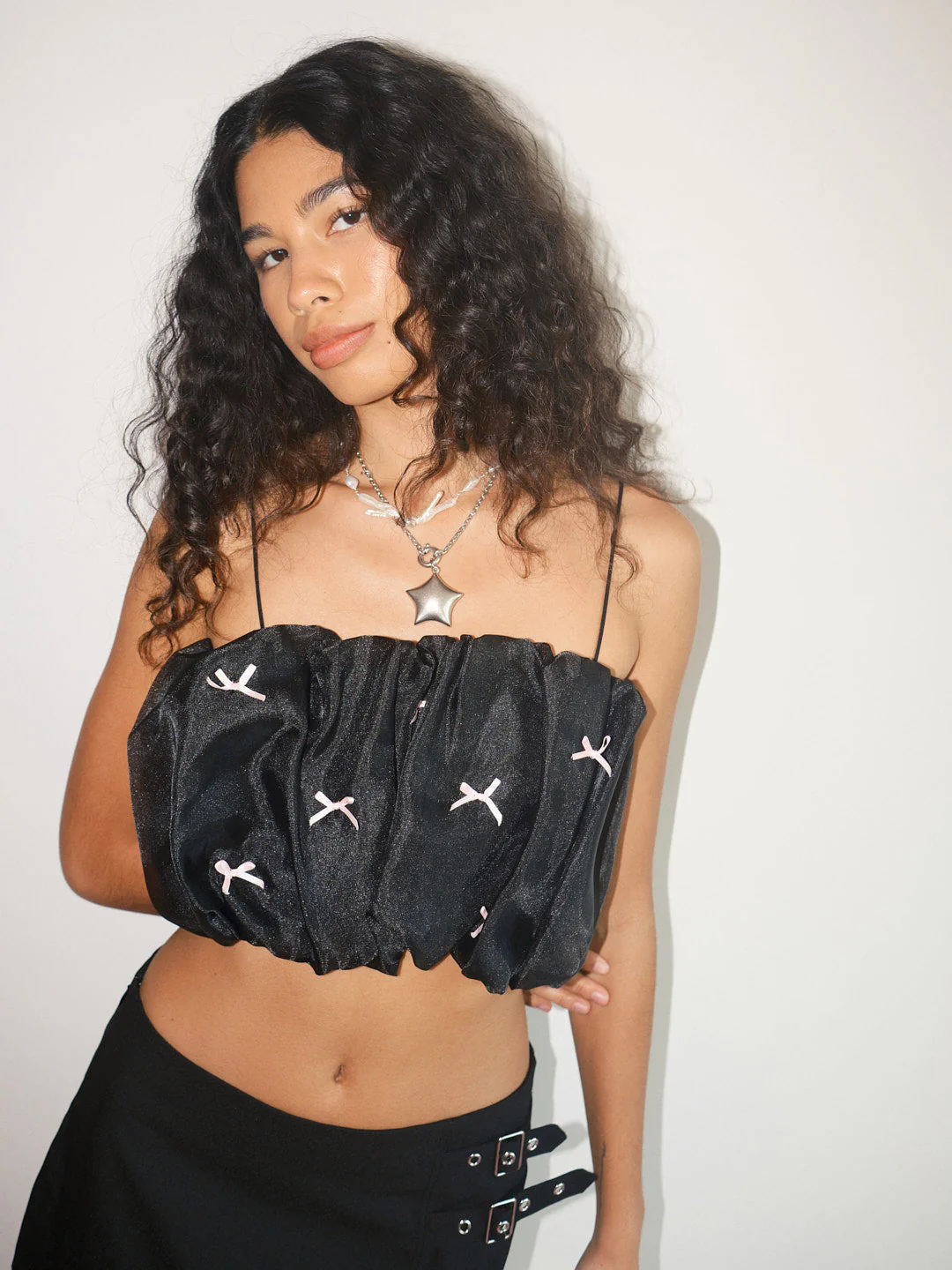 Jemma Bubble Top - Black Pink Bow