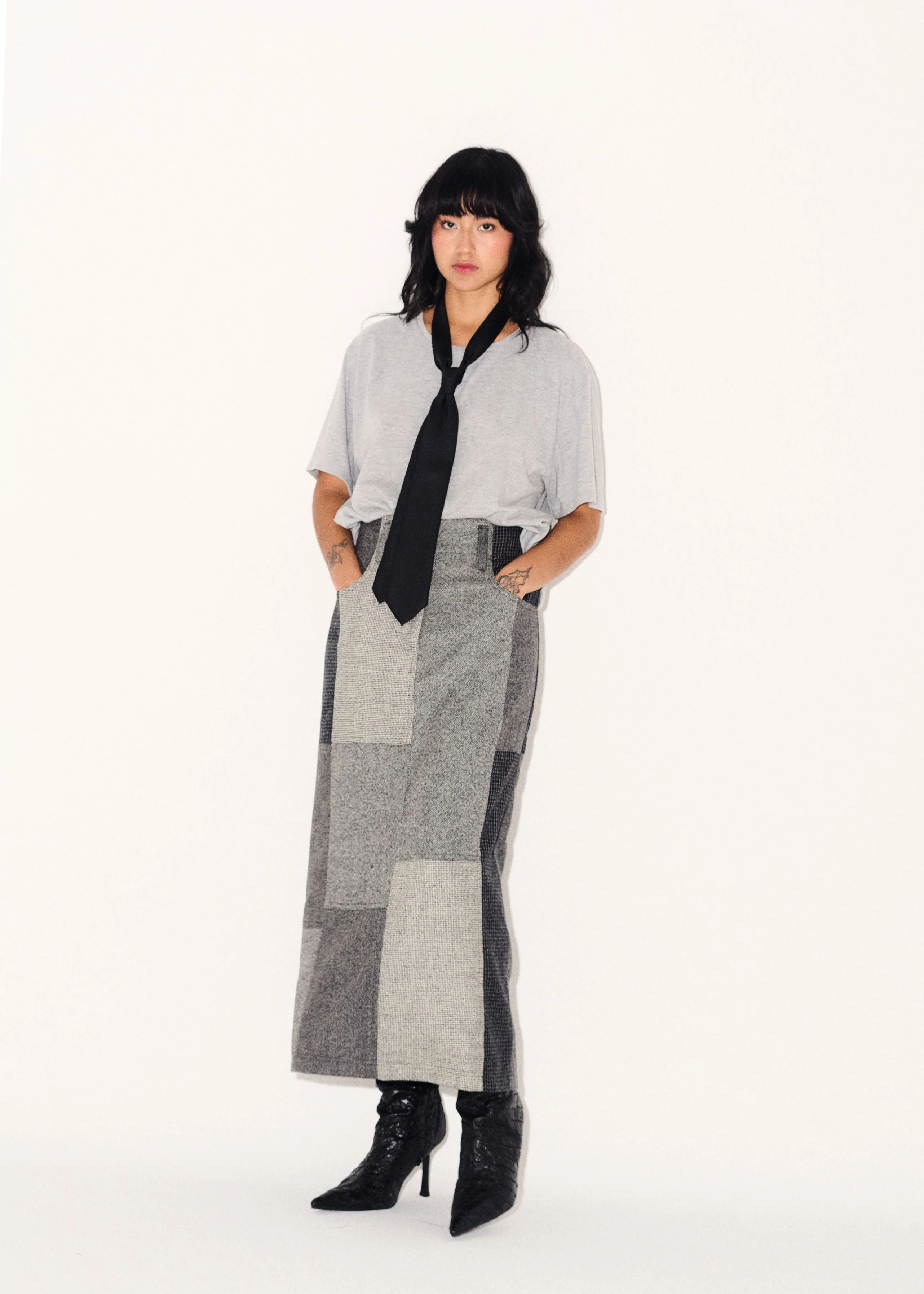 Juana Column Midi Skirt - Grey Patchwork