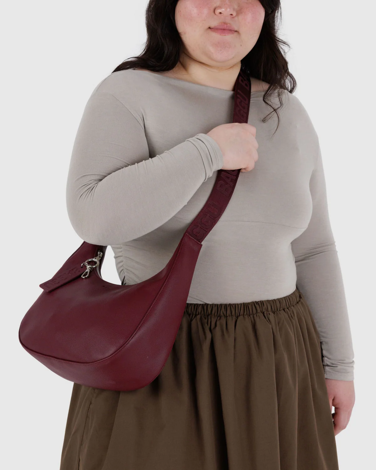 Medium Recycled Leather Crescent Bag - Mahogany - Image 2
