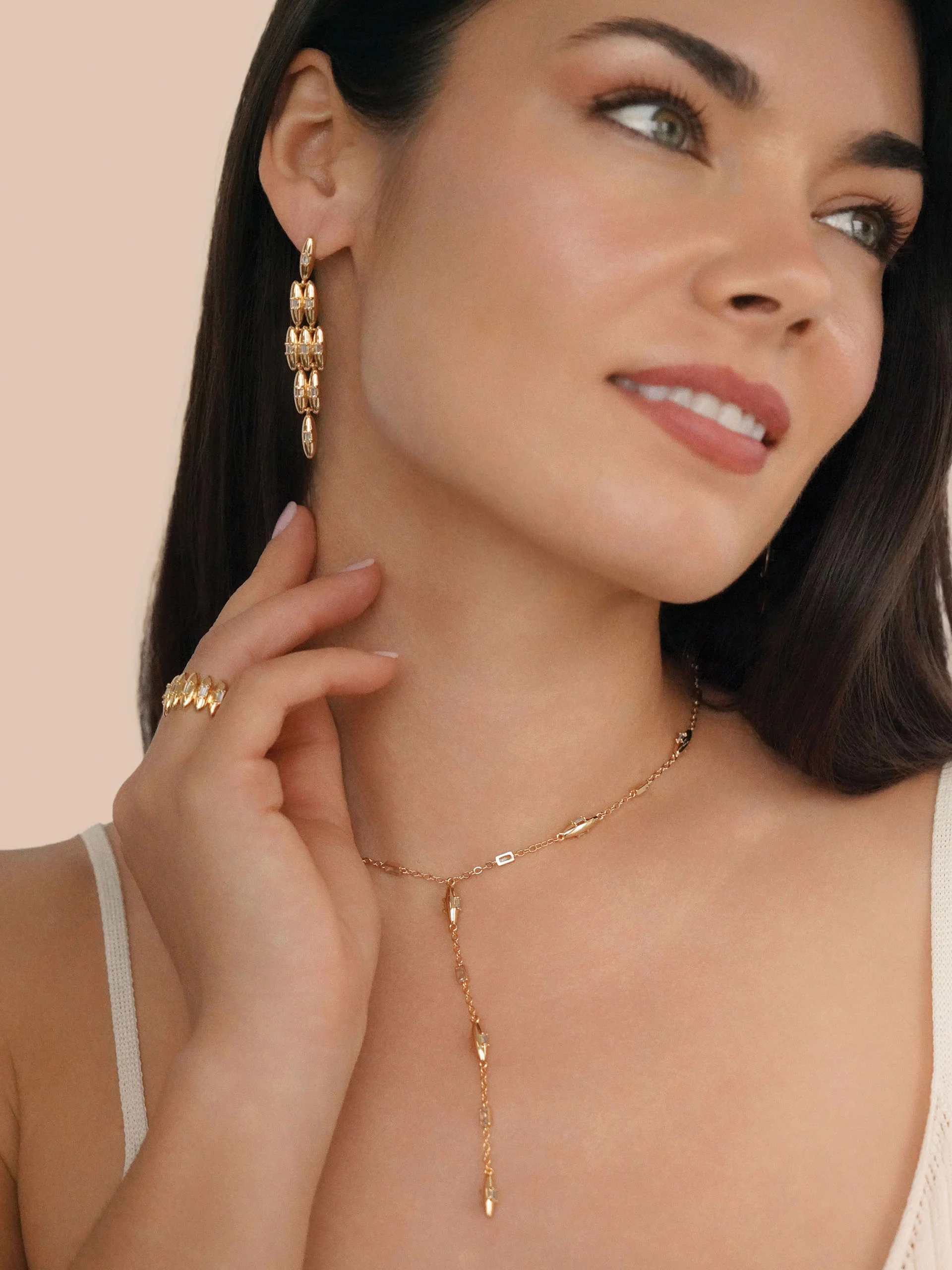 Oval Dome Baguette Dangle Earrings - Image 4