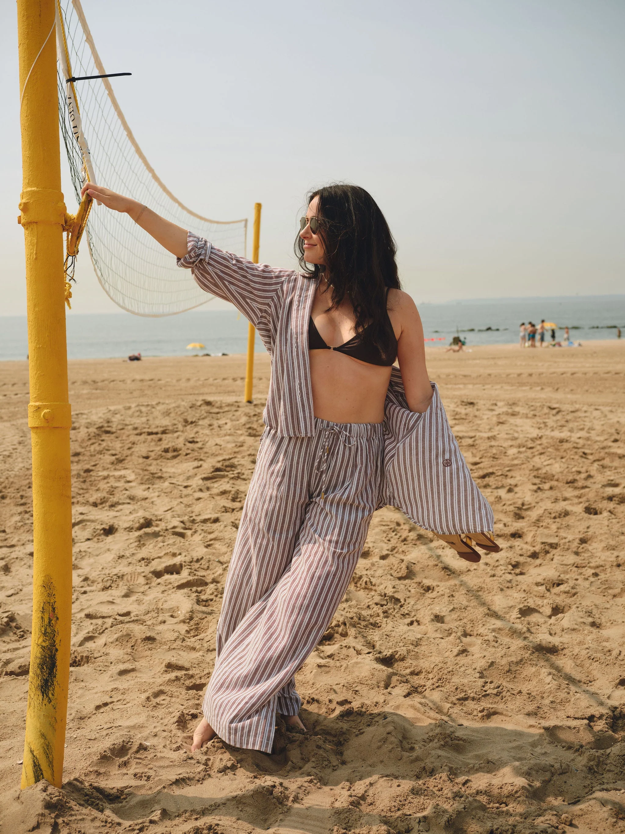 The Tommy Petite Linen Slit Pant - Chocolate Stripe