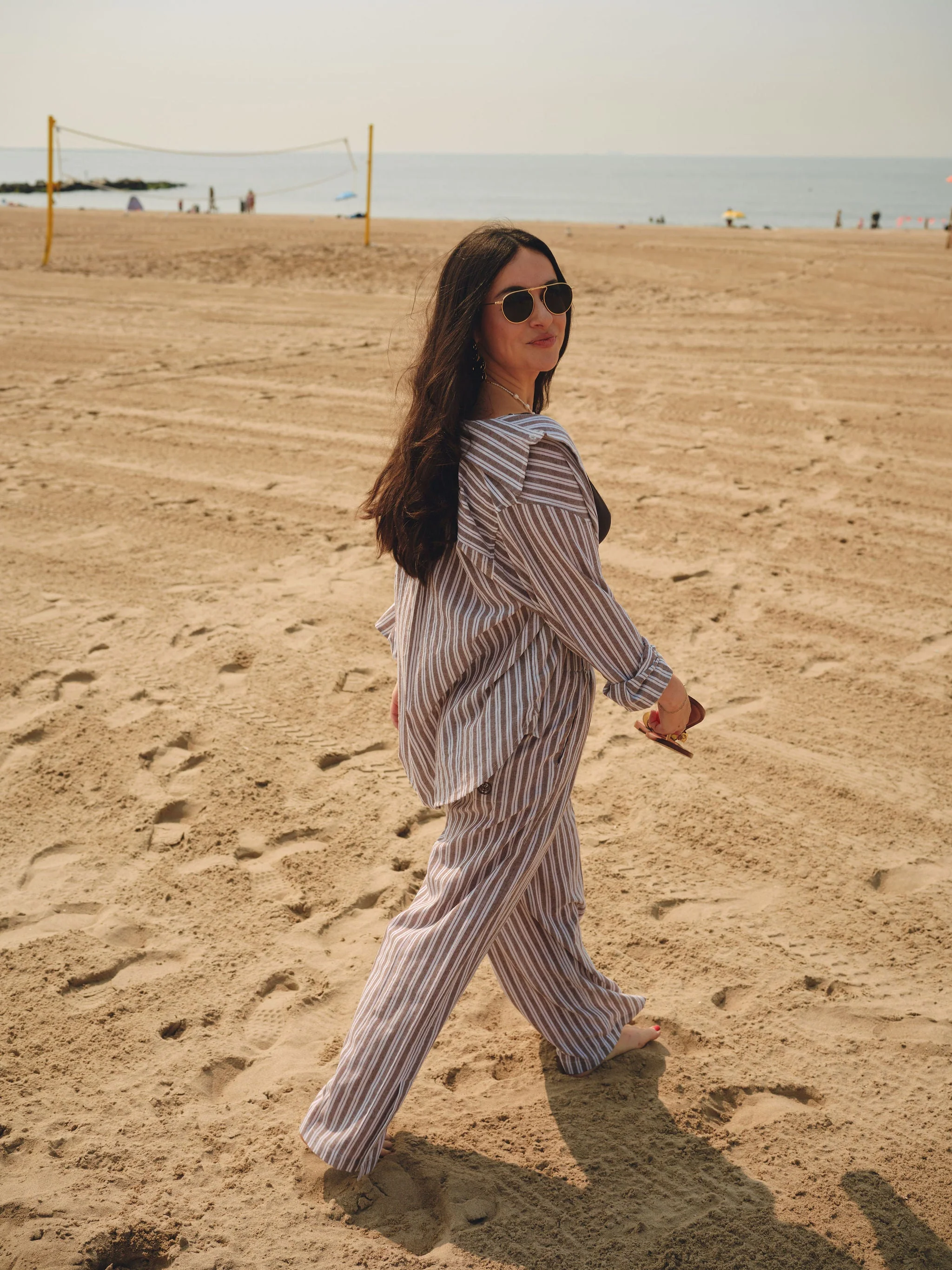 The Tommy Petite Linen Slit Pant - Chocolate Stripe - Image 3