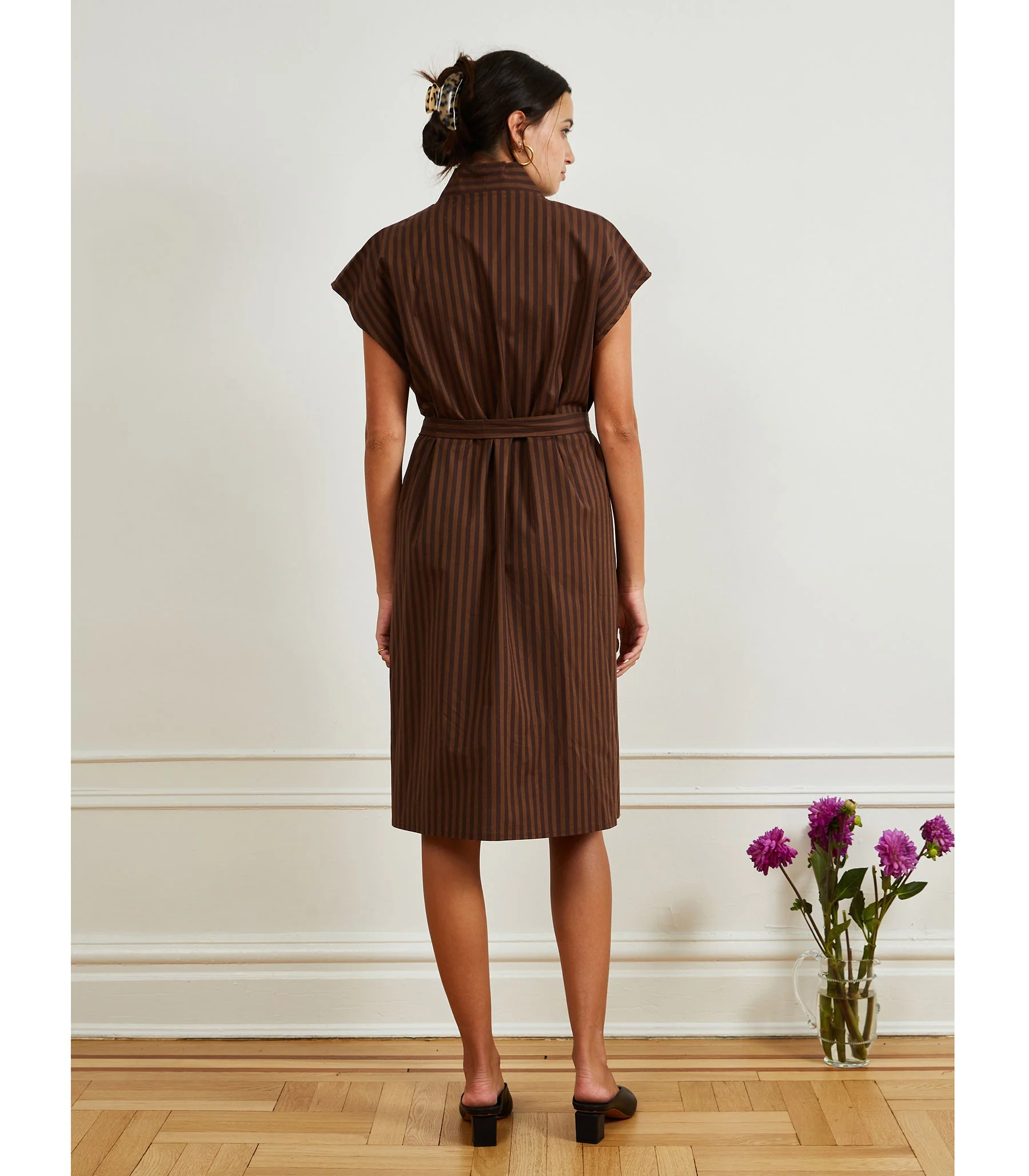 Tina Short Sleeved Shirt Dress - Brown Stripe - Image 3